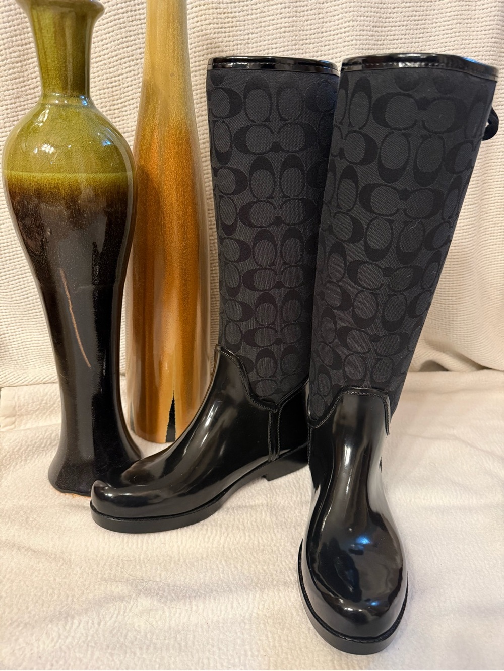 Coach Tristee Black Signature Monogram Lace-Up Corset Rain Boots Women’s Size 8